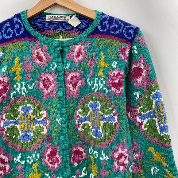 Vintage Sweaters - Vintage silk cotton blend teal hand knit colorful cardigan sweater